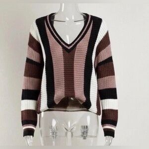90s Retro Indie Ransom Open Knit Striped Sweater M V-Neck Boho Grunge